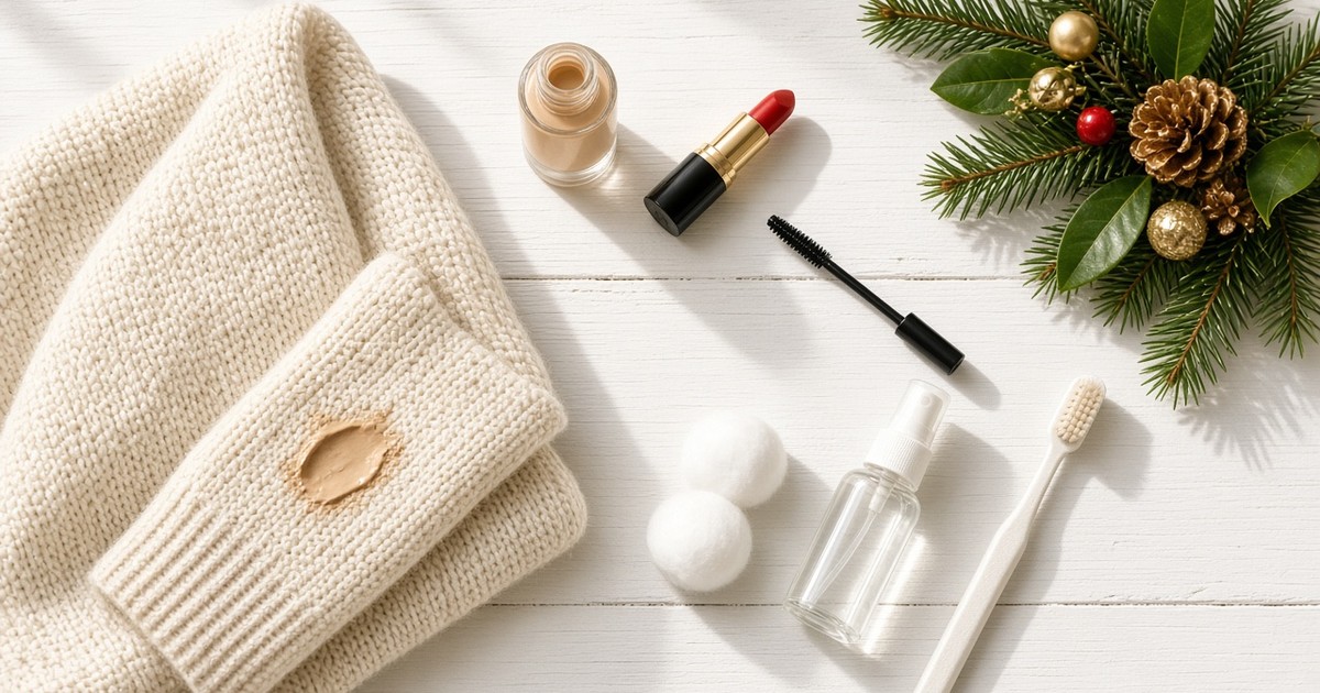 A cream knit sweater sleeve with a foundation smudge next to makeup and stain-remover supplies.
