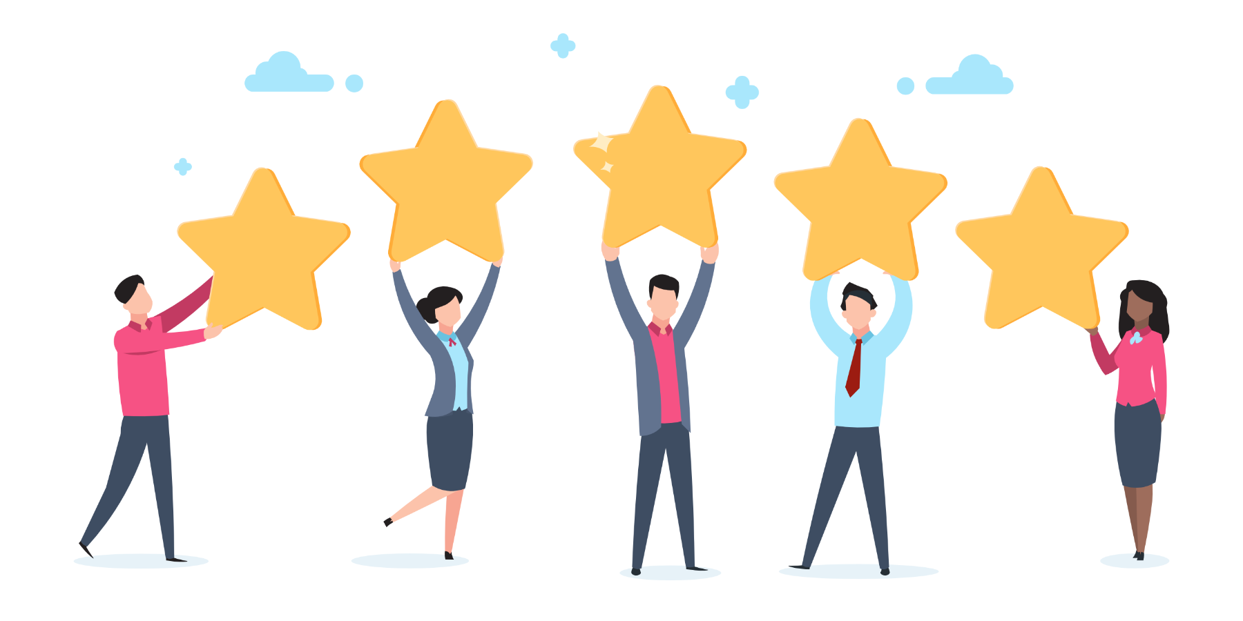Flat Illustration Of People Holding Up Big Gold Stars