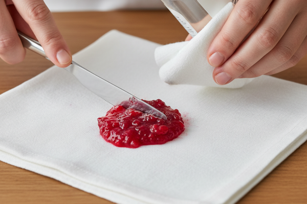 Scraping Cranberry Sauce Off Linen Napkin 600X400