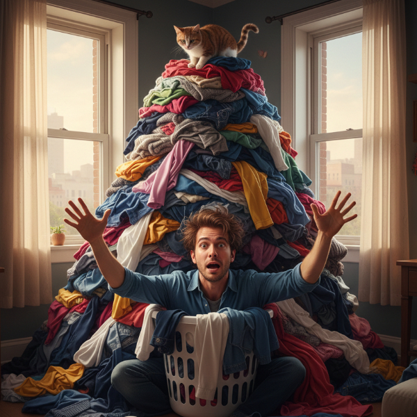 Man Buried By A Cat Topped Mountain Of Laundry 600X600