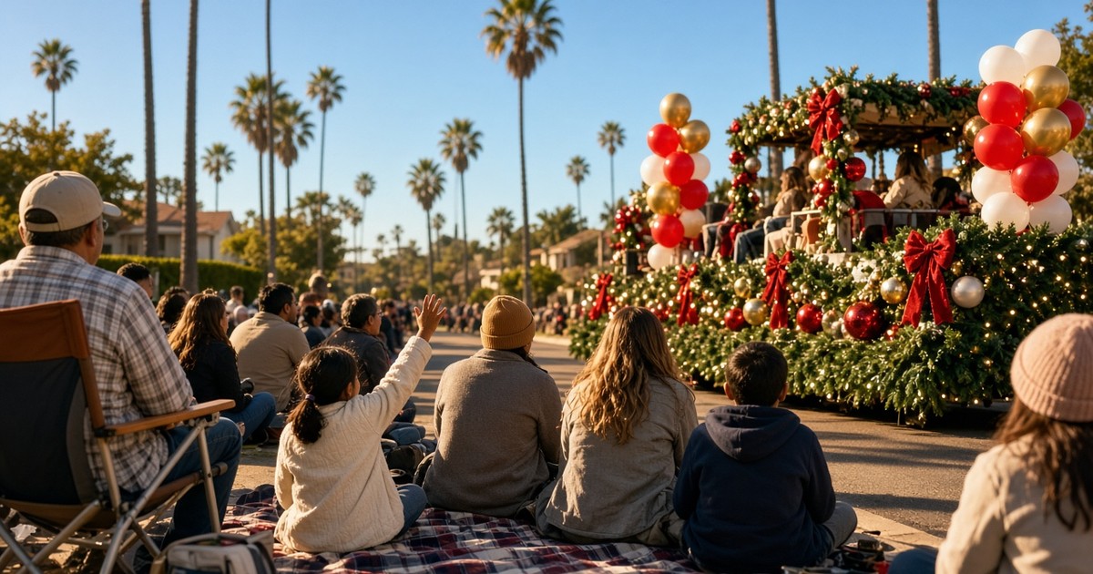 Families on a palm-lined street watching a holiday parade float on a sunny afternoon.
